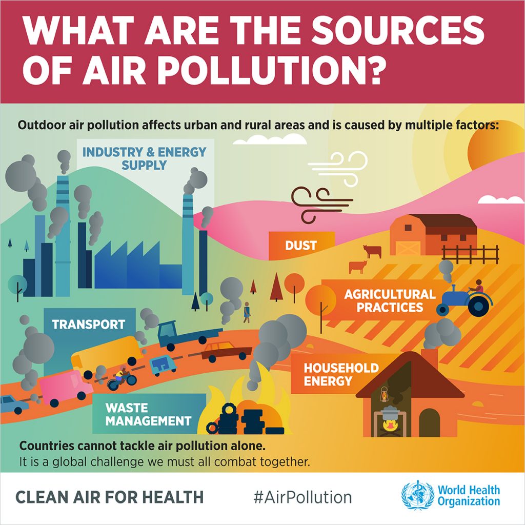 Infographic of the sources of air pollution. It depicts industry, transport, waste management, household energy, agriculture, and dust.
