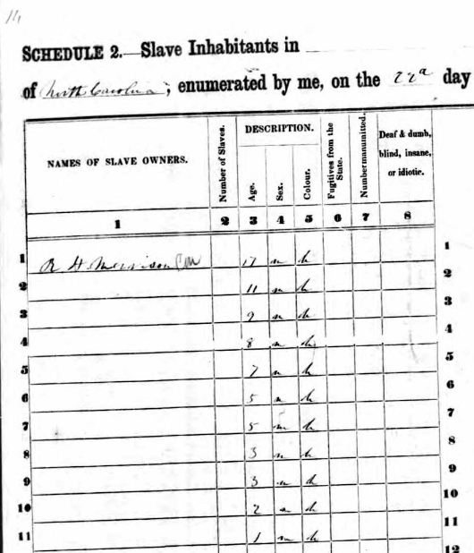Robert Hall Morrison's 1850 "Slave Schedule." Handwritten table.