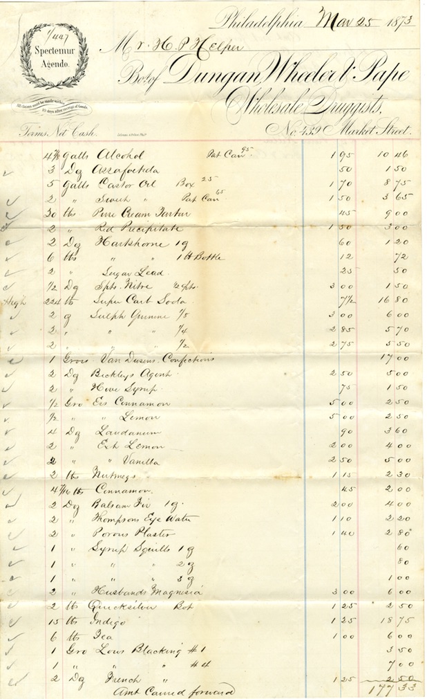 "A yellowed invoice page with cursive writing. Shows a long list of items purchased, with amounts and prices."