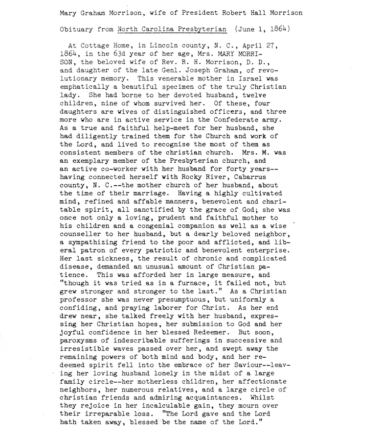 Mary Graham Morrison's obituary. One full page of typed text.