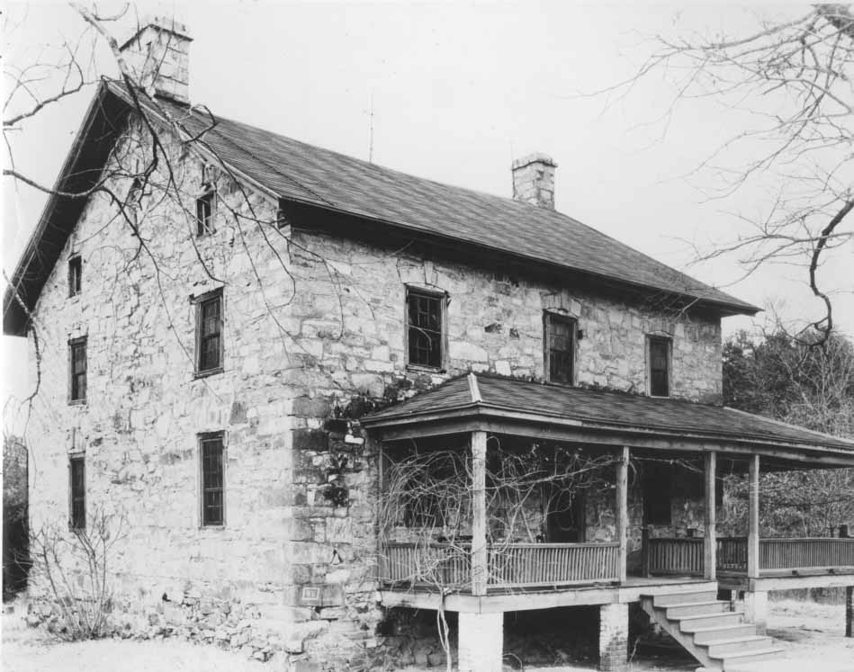 Black and white image of Hezekiah Alexander's House, built in 1774. It is the oldest surviving structure in Mecklenburg County.
