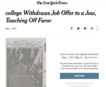 1977 May 1, The New York Times, "College Withdraws Job Offer to a Jew, Touching Off Furor," coverage of the Linden Affair.