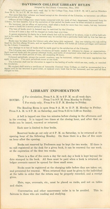 Davidson College library rules and regulations adopted by the library committee