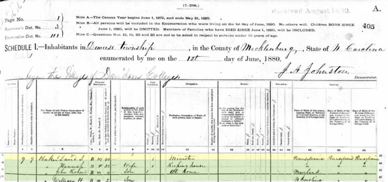 1880 census records of David S. Baker. David S. Baker, a 40 year old minister, is listed as head of the household including his wife Hannah, a 38 year old who keeps house, and sons John, age 4, and William, age 2.