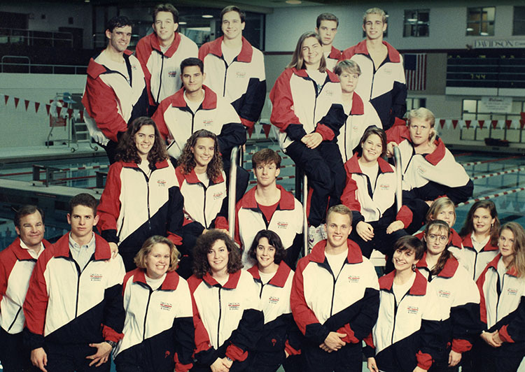 The Charles A. Cannon Pool was dedicated January 25th. Members of the swim team stand with the newly dedicated Charles A. Cannon Pool.