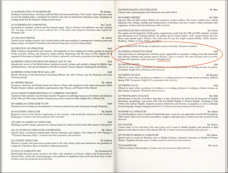 Davidson College Catalog with ENG 301 course description circled in red.