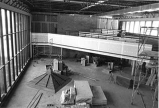 The Pope Room and east balcony [location of “The Loft”]
under construction. The pyramid-shaped hanging lamps were removed in the 2005 renovation.