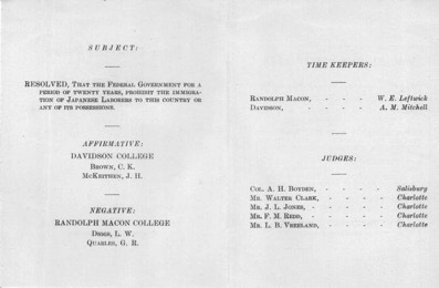 Intercollegiate Debate Between Davidson and Randolph Macon College Program Outline (1920)