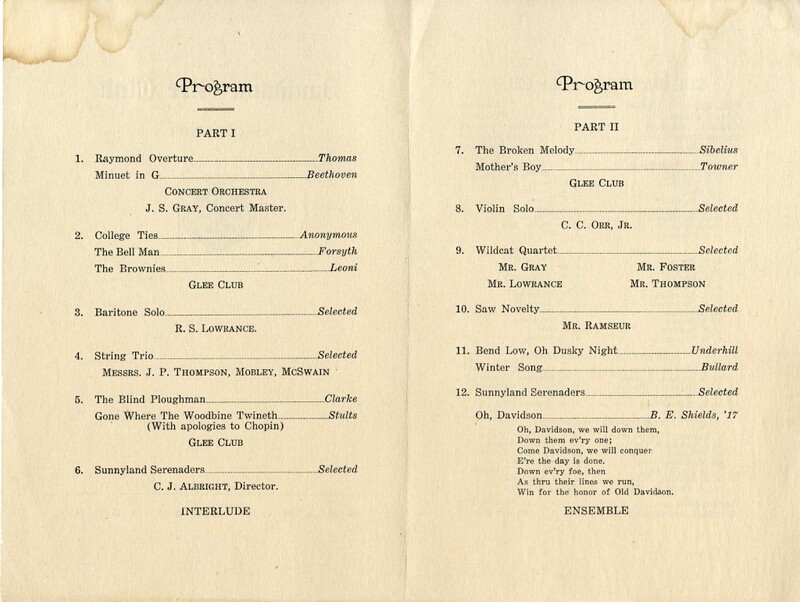 Program outline from Davidson Glee Club for the 1927-1928 season Glee Club Production