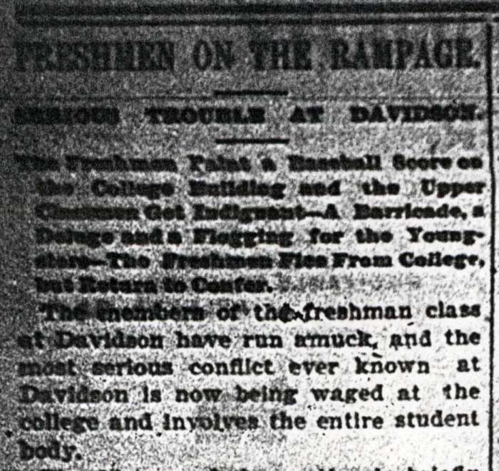 Charlotte Observer Article Headline from February 14, 1903 after The Great Freshmen Riot, titled "Freshman on the Rampage."