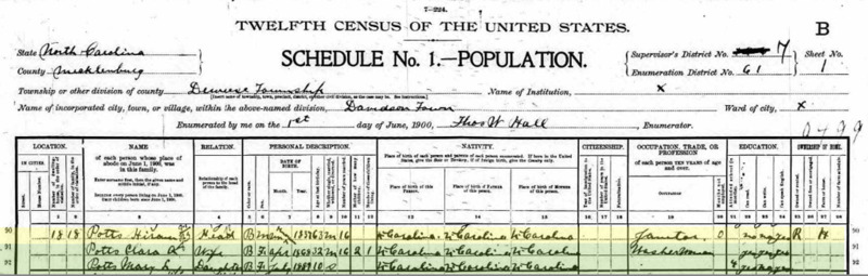 1900 census records of Hiram Potts. Hiram Potts, a 63 year old teamster, is listed as head of the household including his wife Clara, a 32 year old washerwoman, and daughter Mary, age 10.
