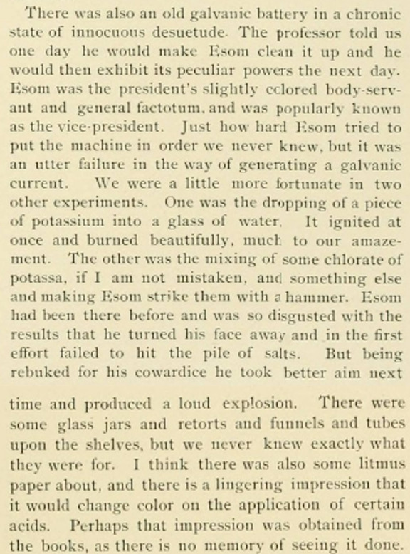A section of "Davidson in the "Forties"" from the 1895 issue of Quips and Cranks. Describes some of the work of "Esom", a man enslaved by President Williamson.