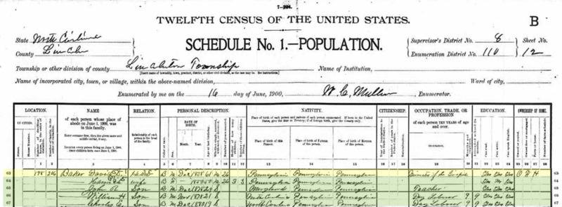 1900 census records of David S. Baker. David S. Baker, a 61 year old minister, is listed as head of the household including his wife Hannah, age 50, and sons John, a 24 year old teacher, William, a 21 year old day laborer, and Charles, a 19 year day laborer.