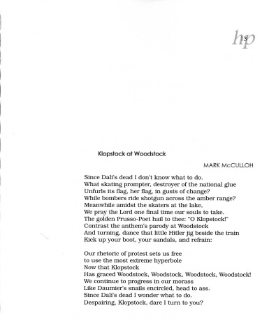 A poem titled "Klopstock at Woodstock" from the 2000 issue of Hobart Park.