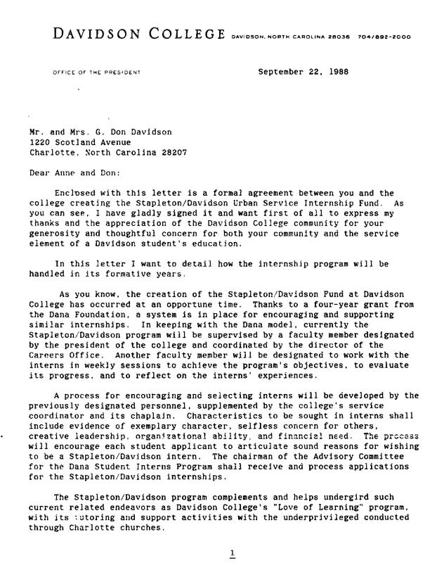 Stapleton-Davidson Formal Agreement Letter from John Kuykendall to Mr. and Mrs. Don Davidson