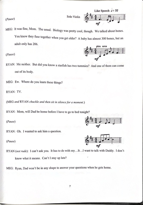 Photograph of page 7 of David Palko's "Playing Hide and Seek" showing text and music