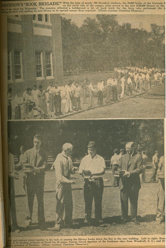 Students lined up “single file, three feet apart by classes” and created a line that stretched moving the library books from the Carnegie Library to the Grey Library in 1941.