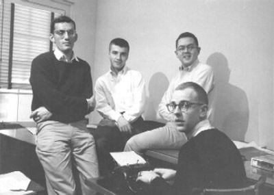The 1957 Scripts ‘N Pranks staff. Pictured from left to right: Charles Wright, William Long, Charles Fonville, Jim Kuist pictured at bottom.