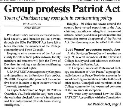 2003 Davidsonian article on Just Peace’s work