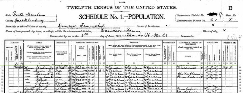 1900 census records for Andrew Byers. Andrew Byers, a 47 year old blacksmith, is listed as head of the household including his wife Katie, age 22, sons Earnest, a 27 year old clothes cleaner, Grayham, a 15 year old farm laborer, and Robert, age 2, his unnamed infant daughter, his granddaughter Judie, age 10, nephew James Smith, age 11, and boarder Levi Haris, a 22 year old day laborer.