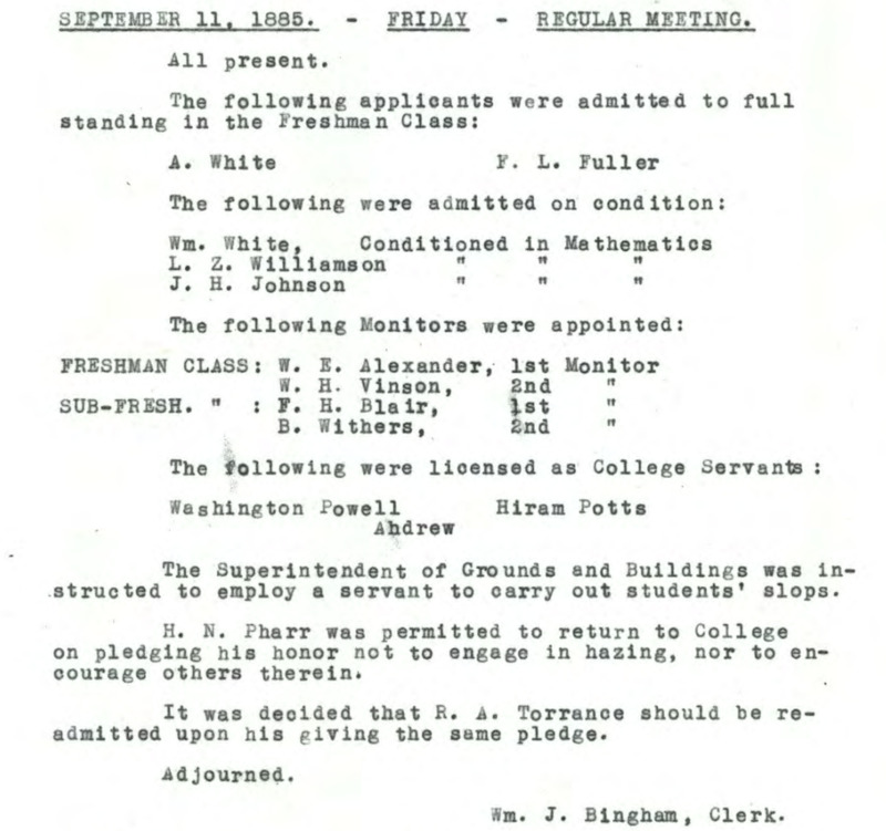 Transcribed faculty minutes for September 11, 1885