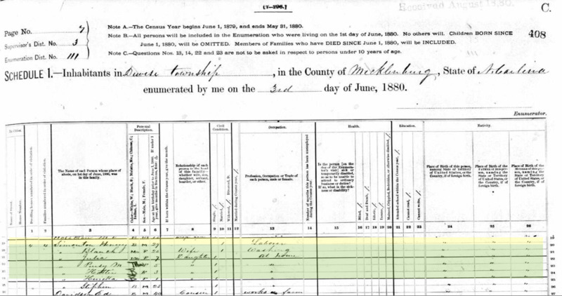 1880 census data for Henery Simonton. Henery Simonton, a 29 year old laborer, is listed as head of the household including his wife Blanch, a 26 year old washerwoman, and their daughters Julia, age 7, Purdy, age 5, Hattie, age 3, and Henrietta, age 1. 