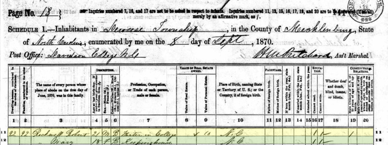 1870 census records of Robert Rockwell. Robert Rockwell, a 21 year old waiter in the college, is listed as head of the household including Mary Rockwell, an 18 year old who keeps house.