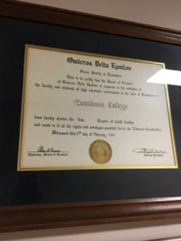 The certification given to Davidson College in February of 1966, establishing the Beta Chapter of Omicron Delta Epsilon.