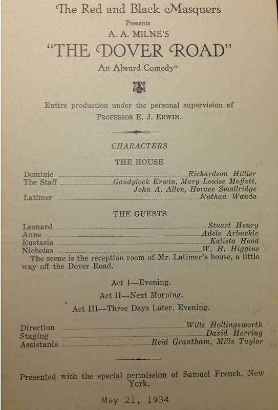 The Dramatics club also known as the Red and Black Masquers present the program outline for the Dover Road, "An Absurd Comedy."