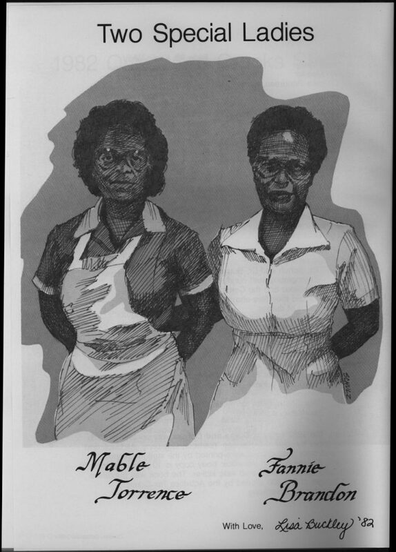 “Two Special Ladies” Fannie Brandon and Mable Torrence featured in the 1982 Quips and Cranks (drawn by student Lisa Buckley ’82)