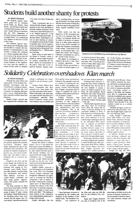 Solidarity Celebration overshadows Klan march article from May 2 1986 The Davidsonian.