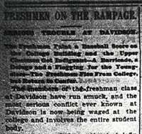 Charlotte Observer Article Headline from February 14, 1903 after The Great Freshmen Riot, titled "Freshman on the Rampage."