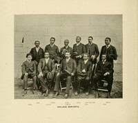 The 1895 College Servants, eleven black men in formal dress posing in front of the wall of a building