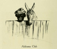 A cartoonishly drawn Black man stands with his farm animal behind a fence