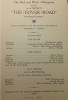 The Dramatics club also known as the Red and Black Masquers present the program outline for the Dover Road, "An Absurd Comedy."