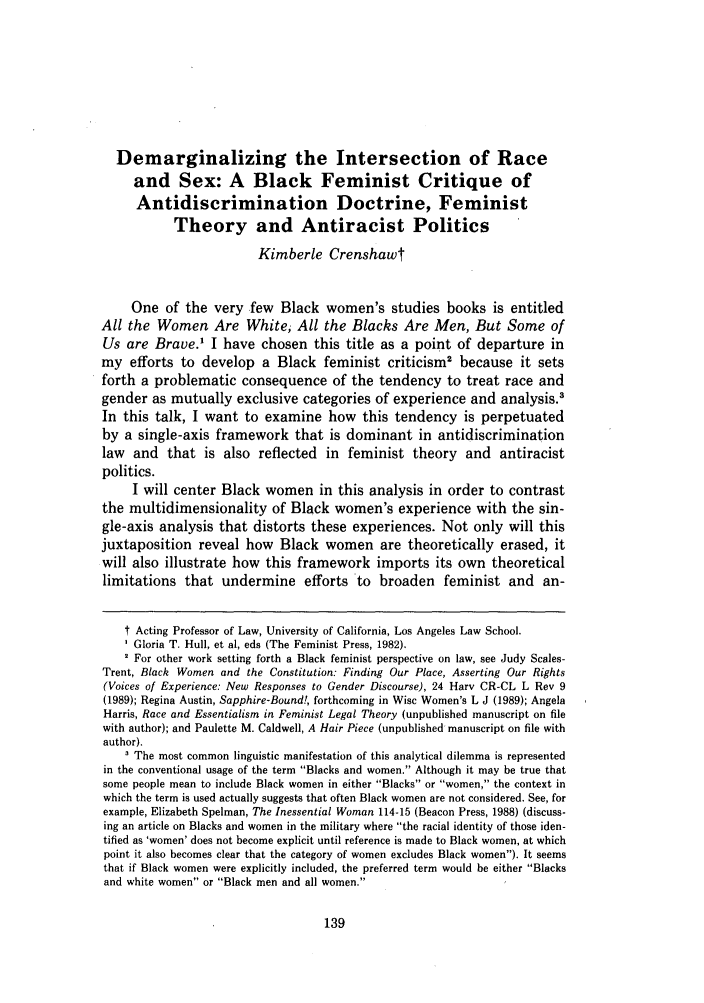 Demarginalizing The Intersection Of Race And Sex A Black Feminist Critique Of