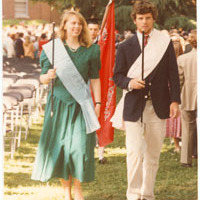 Eu and Phi Society Marshals still sport traditional pink and blue sashes.