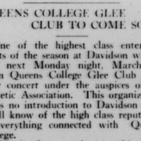 Excerpt from Davidsonian where Queens College Glee Club planned to give their concert, “under the auspices of the Athletic Association