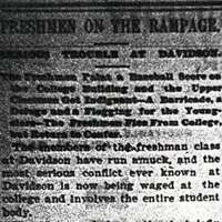 Charlotte Observer Article Headline from February 14, 1903 after The Great Freshmen Riot, titled "Freshman on the Rampage."