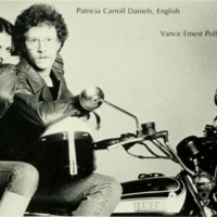 Image of Patricia Cornwell on a motorcycle from Quips and Cranks