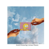 Two hands hold a photo of Lisa Simpson on opposite sides in front of a blue sky backdrop
