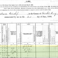 1880 census records for Andrew Byers. Andrew Byers, 26 year old blacksmith, is listed as head of the household including his wife Judy, a 30 year old washerwoman, his sons Ernest, age 7, Andy, age 3, and John, 4 months old, his daughter Ora May, age 4, and stepson M. V. Holsclaw,  age 12.