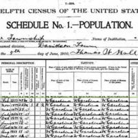 1900 census records for Andrew Byers. Andrew Byers, a 47 year old blacksmith, is listed as head of the household including his wife Katie, age 22, sons Earnest, a 27 year old clothes cleaner, Grayham, a 15 year old farm laborer, and Robert, age 2, his unnamed infant daughter, his granddaughter Judie, age 10, nephew James Smith, age 11, and boarder Levi Haris, a 22 year old day laborer.