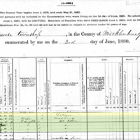 1880 census data for Henery Simonton. Henery Simonton, a 29 year old laborer, is listed as head of the household including his wife Blanch, a 26 year old washerwoman, and their daughters Julia, age 7, Purdy, age 5, Hattie, age 3, and Henrietta, age 1. 