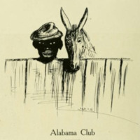 A cartoonishly drawn Black man stands with his farm animal behind a fence