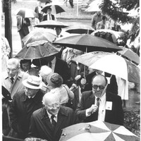 Will Terry grinning in the rain at the college's Sesquincentennial Celebration, 1987.