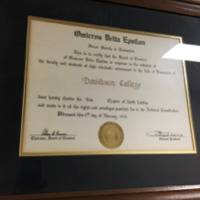 The certification given to Davidson College in February of 1966, establishing the Beta Chapter of Omicron Delta Epsilon.