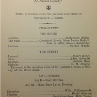 The Dramatics club also known as the Red and Black Masquers present the program outline for the Dover Road, "An Absurd Comedy."