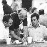 Dean Terry talking with students during freshman orientation, 1975.