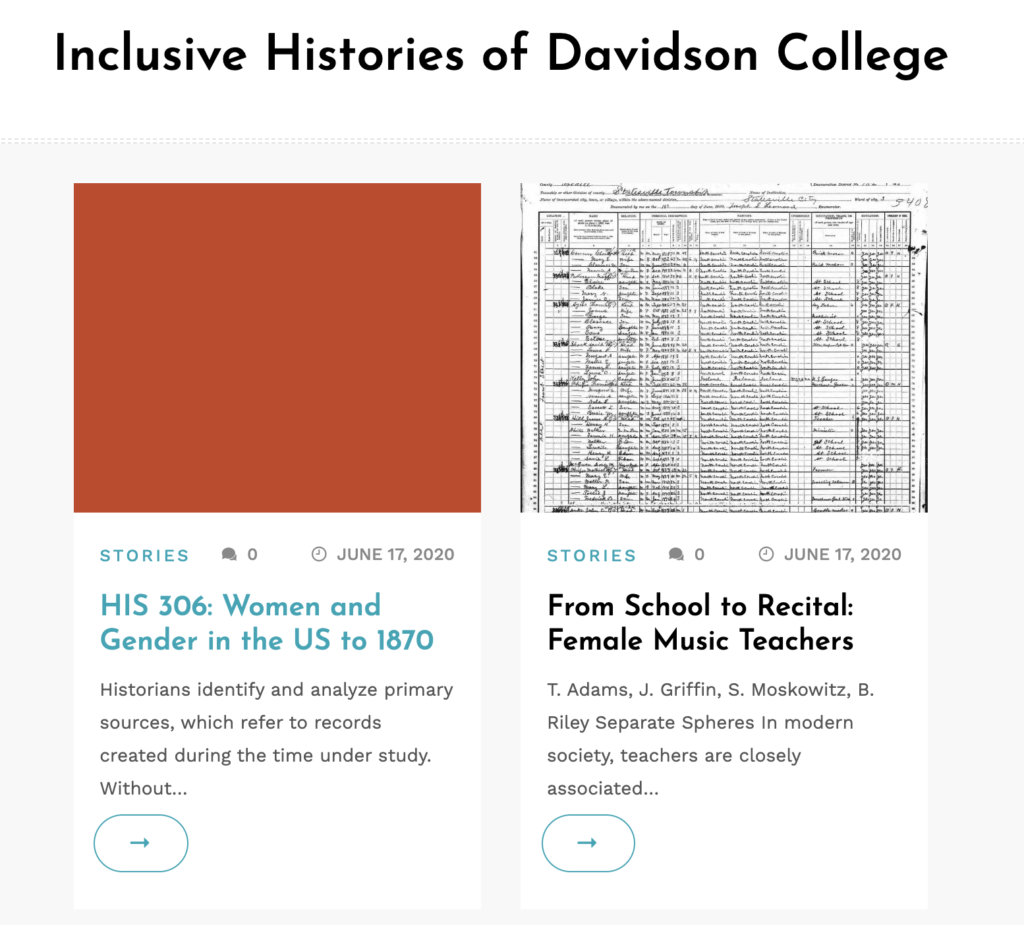 Front page of Inclusive Histories of Davidson College website
